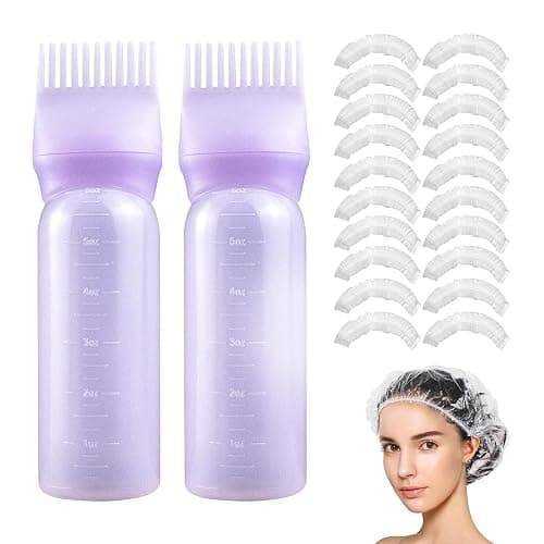 Root Comb Applicator Bottle, 6 Ounce, Hair Oil Applicator, Oil Applicator for Hair Dye, Oil Bottles for Hair, Hair Oiling Applicator with Graduated Scale (2 Pack+20 PCS Disposable Shower Caps, Purple) - Image 1