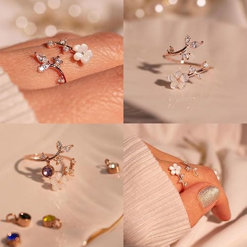 JALZEMPL Birthstone Flower Rings For Women Non Tarnish Gemstone Cubic Zirconia Mother of Pearl Adjustable Size 7-11 Silver Rose 14K Gold Plated Birth Jewelry Gift For Birthday thumbnail 5
