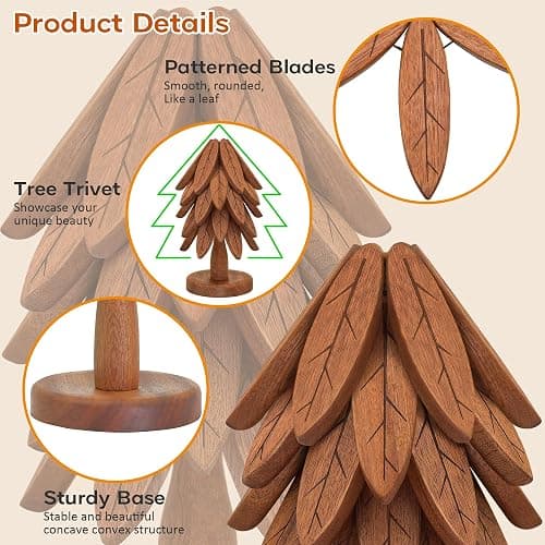 Wooden Trivets for Hot Dishes, Wooden Tree Trivet Set, Tree Coasters - of 5 + 1 Stand stored, Suited for Hots, Pans, Bowl, Teapot, Hot Holders - Multifunctional Ornaments thumbnail 4