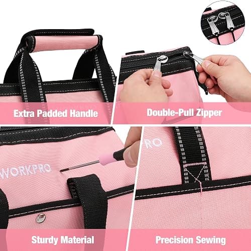 WORKPRO 13-Inch Tool Bag, Pink Soft Cloth Tool Storage Bags, Wide Mouth Tool Tote Bag with Inside Pockets - Pink Ribbon thumbnail 7