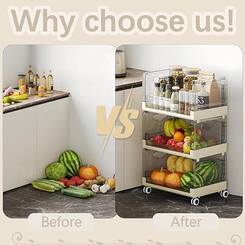 VECELO 3-Tier Fruit and Vegetable Basket, Stackable Kitchen Storage Organization with Wheels, Plastic Rolling Cart with Handles, Wide Open for Kitchen, Pantry, Living Room thumbnail 4