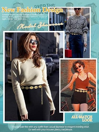 FIORETTO Metal Waist Chain Link Belt for Women Western Cowgirl Boho Turquoise Belts for Dress Jeans Country Concert Outfit - Gold-95 - Fit Waist up to 42" thumbnail 6