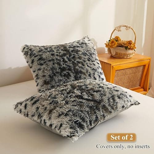 XeGe Leopard Faux Fur Fluffy Pillowcases, Plush Shaggy Soft Long Pillow Covers, Fuzzy Decorative Cheetah Print Pillow Cases, Furry Pillow Shams for Bed Sofa Zipper Closure, 2 Pack(Standard, Grey) thumbnail 2
