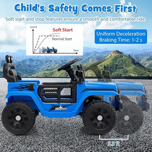 Costzon 12V Kids Ride on Car Truck with Remote Control (Blue, 34"×23"×21") | Foldable Mirrors, 3 Speeds, LED Lights, Music & Horn, Battery Powered Electric  Vehicle for Toddlers, Ride on Toys thumbnail 8