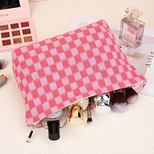 SOIDRAM 2 Pieces Makeup Bag Large Checkered Cosmetic Bag Capacity Canvas Mix Travel Toiletry Bag Organizer Cute Makeup Brushes Aesthetic Accessories Storage Bag for Women, Checkered Mix Rose Red - Rose red thumbnail 5