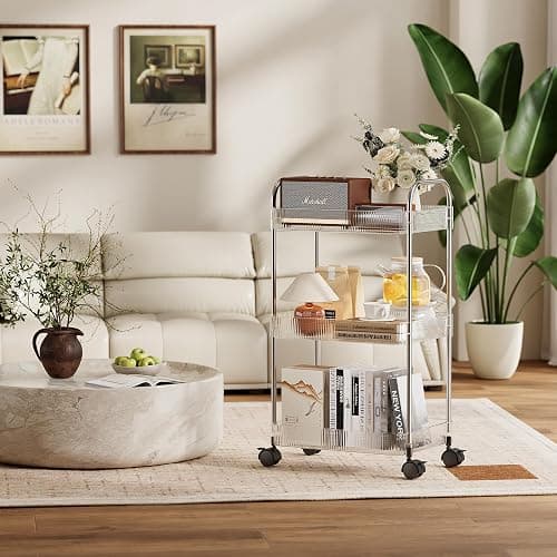 STARLATTA 3 Tier Rolling Cart with Lockable Wheels, Clear Acrylic Utility Trolley with Handle, Heavy-Duty Storage Organizer for Kitchen Bathroom Nursery Laundry - Snack Book Craft Organizer (Clear) thumbnail 8