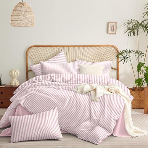 Sedefen Striped Duvet Cover Queen Size Pink Stripes Bedding Set 3 Pcs Kids Boys Girls Women White Geometric Stripe Reversible Soft Microfiber Duvet Cover with 2 Pillowcases thumbnail 4