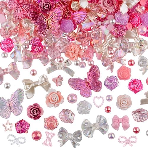 Kikonoke 350 Pieces 3D Resin ABS Colorful Rose Flower Bows Butterfly Charms with Flatback Half Round Pearl Beads for Bracelet Earring Necklace Craft DIY Making Supplies thumbnail 2