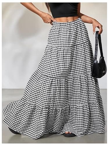 MakeMeChic Women's Plaid Maxi Skirts A Line Ruffle Tiered Layer Y2K Flowy Casual Long Skirts thumbnail 3