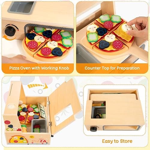 WOODMAM Wooden Pizza Toy - 48 PCS Montessori Pretend Play Food for Ages 3+, Educational Learning Toy Wooden Playset with Bake Oven, Christmas Birthday Gift for 3 4 5 6 Year Old thumbnail 4