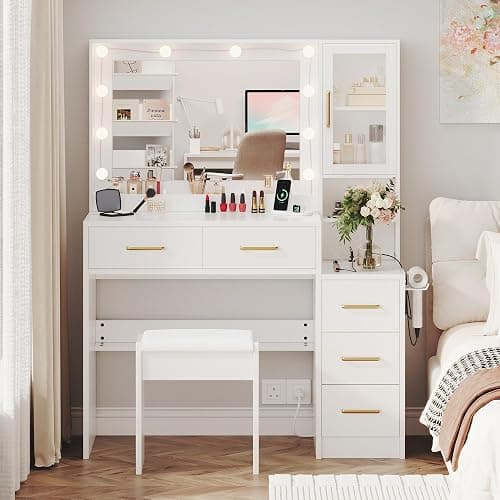 White Vanity Table with Drawer Dresser, Farmhouse Vanity Makeup Desk with Charging Station, Vanity Desk with Lights Mirror & Drawers for Makeup,Vanity Desk with Storage Shelf & 5 Drawers (Gold Handle) thumbnail 7