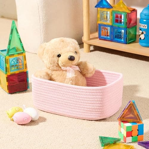 MiniArk Small Storage Baskets for Organizing | Closet Organizer Bins | Shelf Toy Basket | Woven Rope Baskets | Cube Decorative Box | Shallow Basket | 11.5x7.5x4.7” | 3 Packs Light Pink thumbnail 2