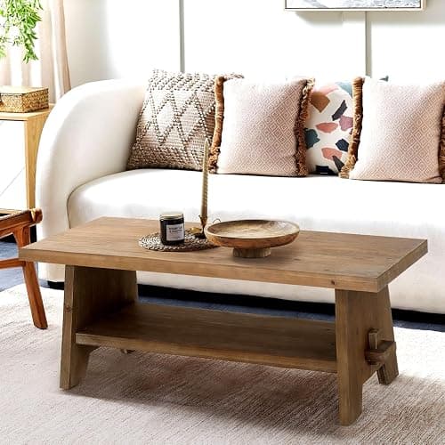 Farmhouse Wood Coffee Table - 43.4” Mid Century Modern Wooden Coffee Tables for Living Room, Solid Firwood Tabletop Rectangle Coffee Table, Center Table for Living Room, Brown - Brown - Image 1