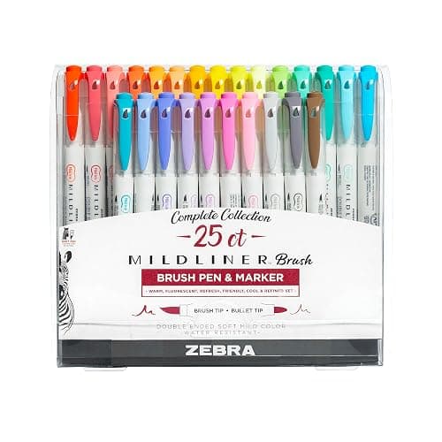 Zebra Pen, Mildliner Dual-Ended Brush Pens, 25 Assorted Colors, Soft Mild Ink, Brush and Fine Bullet Tips, No Bleed-Through Pigment Ink for Journaling, Calligraphy, Planners, Art, 25-Pack (79125) - Image 1