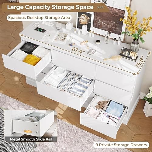 Hasuit Modern White Dresser for Bedroom with 9 Drawers, 61.4"Wide Dressers Chest of Drawer with Large Capacity Storage, Long Dresser TV Stand with Power Outlets, Sturdy Storage Cabinet for Living Room thumbnail 3