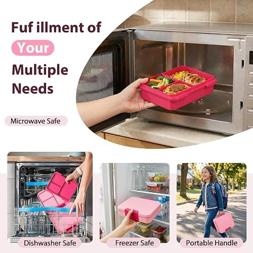 Kids Bento Lunch Box Set with 9.5oz Soup Thermo, Leak-Proof Lunch Food Containers with 3 Compartment and Removable Inner Tray, Insulated Hot Food Jar with Lunch Bag for School, Office, Pink thumbnail 6