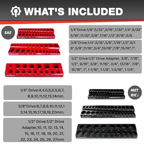 EACELIY 6-Piece Magnetic Socket Organizer Set, 1/2", 1/4" and 3/8" SAE & Metric Deep & Shallow Socket Holder Kit, holds 141 stanard Sockets, attaches to steel box/tool cart (sockets not included) thumbnail 3