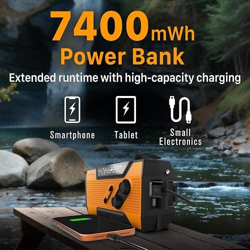 FosPower - Radio Portátil de Emergencia con Manivela, Panel Solar y Batería de 2000mAh (Modelo A1) | Alarma SOS, Linterna y Lámpara de Lectura, Am/FM | Senderismo, Camping y Actividades al Aire Libre thumbnail 3