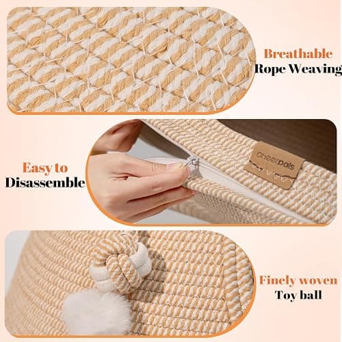 CHEERPALS Cat Cave Bed for Indoor Cats, 3 in 1 Cat House with Washable Cushion and Ball, Scratcher Bed, Cute Rope Bed for Kittens and Large Cat(White) thumbnail 4
