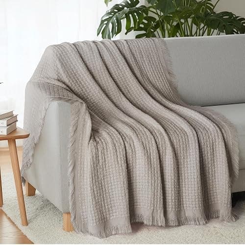 Exclusivo Mezcla Knit Throw Blanket with Fringes for Couch, Reversible Super Soft and Warm Woven Boho Throw for All Season, Home Decor, 50"x60", Taupe - Image 1