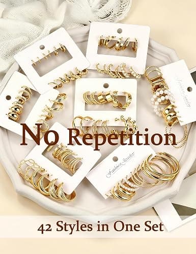 42 Pairs Gold Hoop Earrings Set for Women, Hypoallergenic Multipack Small to Chunky Hoops, Pearl & Twisted Trendy Earrings for Everyday Wear & Mothers Day Gifts thumbnail 6