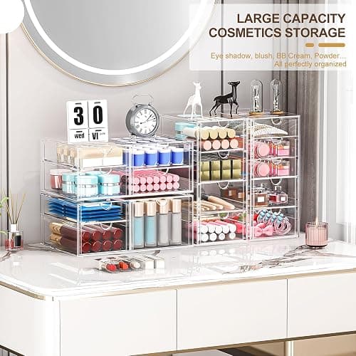 caktraie Makeup Organizer Storage With 16 Drawers, 4 Pcs Desktop Office Supplies, Desk Organizers, Clear Accessories, Dustproof Storage Drawer and for Make Up, Jewelry, Pen, Stationary thumbnail 3