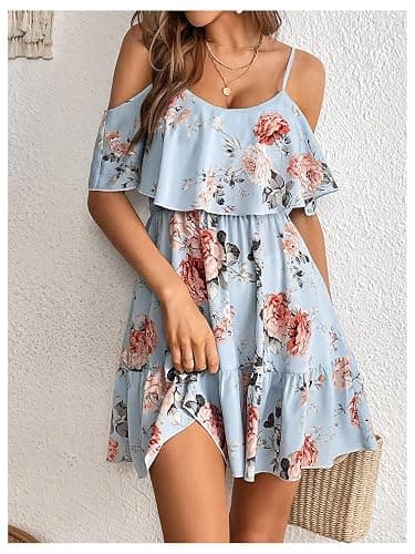 SOLY HUX Women's Boho Floral Print Cold Shoulder Dress Short Sleeve Ruffle A Line Vacation Elegant Mini Dresses thumbnail 5