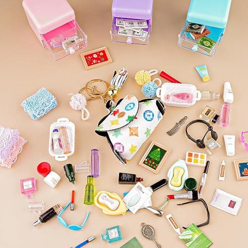 87Pcs Dollhouse Miniature Bathroom Accessories Cosmetic & Toilet Pretend Play Mini Makeup Set with Shampoo Perfume Hair Dryer Comb Purse Decor DIY Doll Backpack Glasses Photo Frame Salon Spa thumbnail 3