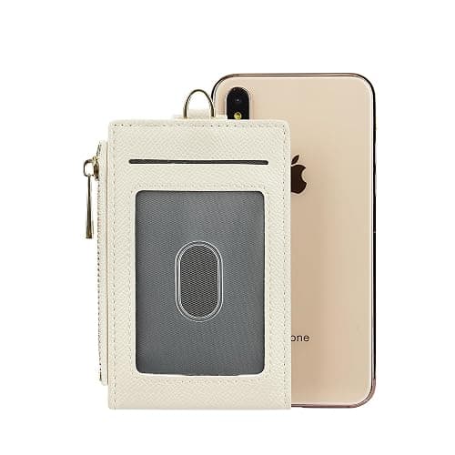Cynure Women Leather RFID Blocking Card Holder Slim Small Zipper Keychain Front Pocket Wallet with 2 ID Window, thumbnail 6
