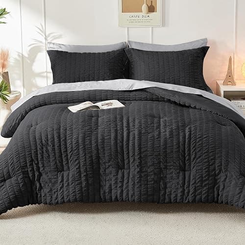 HYMOKEGE Black/Light Grey Queen Comforter Set Seersucker 7 Pieces, All Season Luxury Bed in a Bag for Bedroom, Bedding Set with Comforters, Sheets, Pillowcases & Shams thumbnail 8