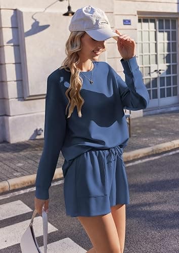 Ekouaer Women's Lounge Sets Pajamas 2026 Fall Long Sleeve Top&Shorts XS-XXL | Matching 2 Piece Sets,Fall outfits,Loungewear for Travel,Vacation,Airport,Home,Daily Wear,Shorts with Pockets thumbnail 3