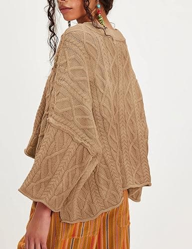 Zontroldy Women's Crewneck Lantern Sleeve Boxy Cable Knit Sweater Cropped Pullover Sweaters Jumper thumbnail 4