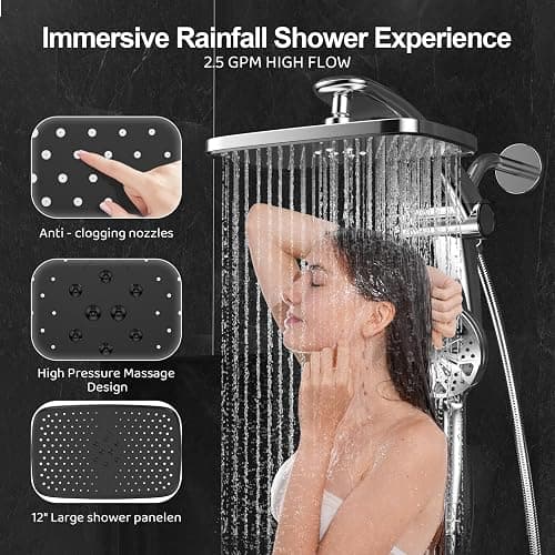 Rain Shower Head with filtered Handheld High Pressure rainfall Shower Heads with Handheld Spray Combo Adjustable one-piece stand daul shower head Built-in Magnetic Docking and Power Jets thumbnail 7