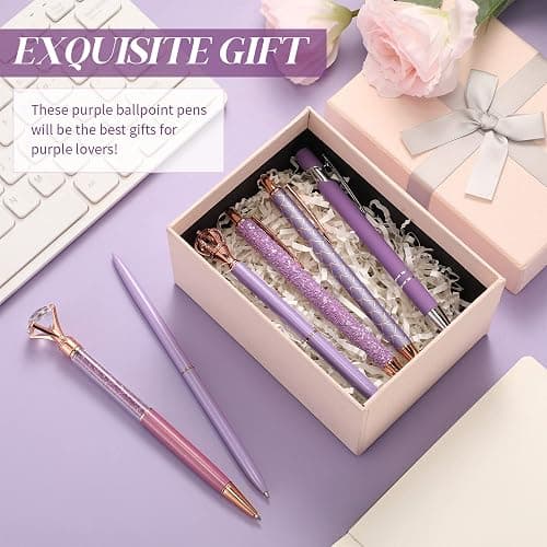 Qeeenar 6 Pcs Ballpoint Pens Set Metal Crystal Diamond Pen for Journaling Glitter Pretty Cute Stationery Black Ink Fancy Gifts for Women Girls Teacher Office Wedding School Supplies(Purple Series) thumbnail 4