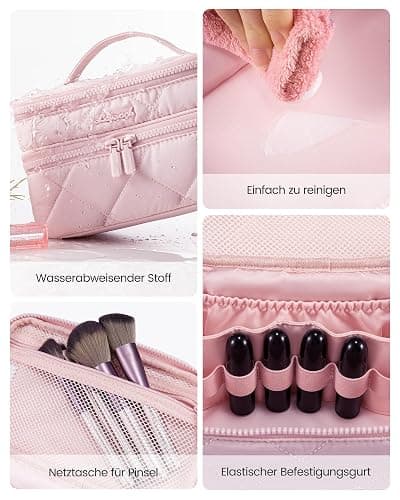 LOVEVOOK Kulturtasche Damen, Doppellagiger Puffer Kosmetiktasche Groß Kulturbeutel, Reise Leicht Make up Tasche mit Tragegriff, wasserdichte Schminktasche Waschtasche Kosmetikkoffer für Reisen, Rosa thumbnail 4
