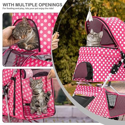MoNiBloom 3 Wheels Pet Dog Cat Stroller for Small Medium Dogs Cats, Foldable Jogger Stroller w/Storage Basket and Cup Holder, Hot Pink Polka Dots thumbnail 8