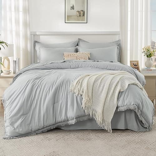 Andency Light Grey Queen Size Comforter Set with Sheets - 7 Pieces Boho Tassel Bed in a Bag Soft Lightweight Bedding Sets, Light Grey Fringe Bed Set with Comforter, Sheets, Pillowcases & Shams thumbnail 6