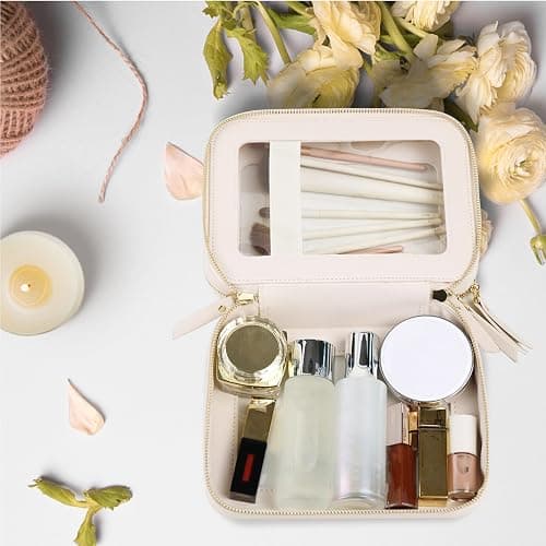Prite Double Layer Makeup Bag for Women Portable Clear Makeup Bag Cute Waterproof Travel Cosmetic Bag with Gold Zipper for Car Essentials(Beige) thumbnail 2
