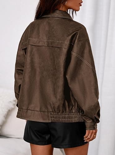 PRETTYGARDEN Faux Leather Jacket Women Bomber Motorcycle Zip Up Jackets Oversized Fall Fashion Outfits 2025 Winter Coats thumbnail 4