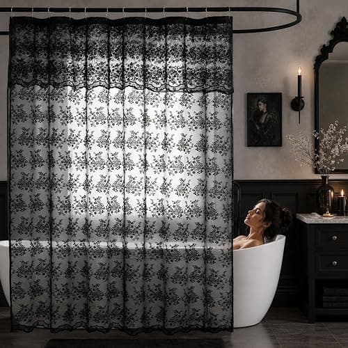 TUDECO Black Lace Shower Curtain with Valance, Gothic Style, 72 x 72 Inch | Halloween Bathroom Curtain, Moody Witchy Victorian Decor, Dark Vintage Floral, Soft Light Filtering, Scalloped Edges thumbnail 6