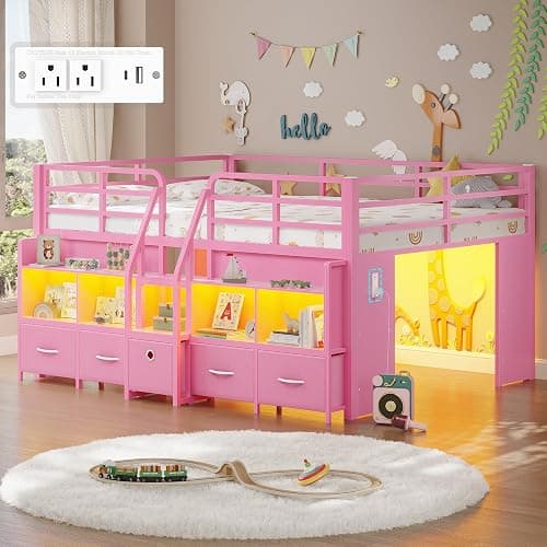 BYSAUD Full Low Loft Bed with 5 Storage Drawers and 6 Bookcases, Pink | Metal Loft Bed for Kids with LED Lights & Charging Station, 15" Safety Guardrail & Ladder, Under-Bed Play Space - Image 1