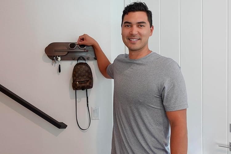 Solid Wood Mail and Key Holder for Wall Decorative Display - Includes Mail Holder, Shelf with Hooks for Keys & Pegs for Hanging Hats, Coats, Bags, Backpacks & More - Sleek Modern Design, Walnut Brown thumbnail 9