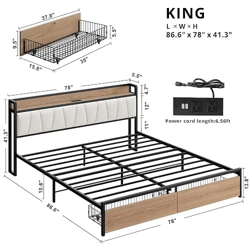 LIKIMIO King Size Bed Frame, Storage Headboard with Charging Station, Platform Bed with Drawers, No Box Spring Needed, Easy Assembly, Wood and Cream thumbnail 2