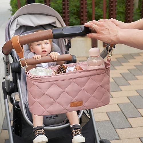 Beautiful Stroller Caddy Organizer With 2 Cup Holders – Luxury Stroller Bag, Universal Fit, Leather Straps & Zipper Pocket – Spacious Accessories Perfectly Fits Doona, Nuna & Uppababy Strollers thumbnail 5