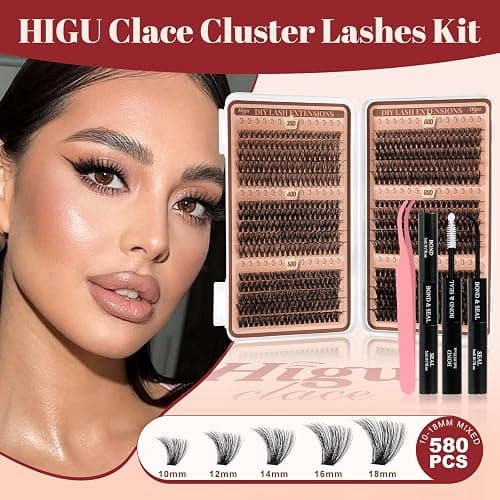 Higu clace Lash Clusters Kit 580pcs Eyelash Clusters 30-100D Lash Clusters | Natural Cluster Lashes Kit with Lash Bond and Tweezer, Easy to Use, Can DIY at Home,for Daily Wear(30D+40D+50D+60D+80D+100D) thumbnail 2