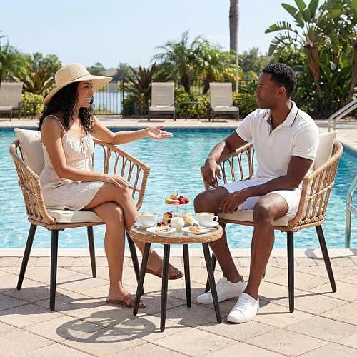 DUMOS 3 Pieces Outdoor Bistro Set, All-Weather PE Rattan Patio Furniture Set with Cushions, Steel Frame Table and Chairs for Balcony, Apartment, Porch, Beige thumbnail 7