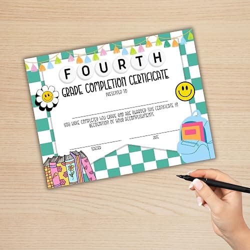 Fourth 4th Grade Certificate of Completion Graduation Diploma 30pk 8.5x11” 90’s Seed Friendship Bracelet Checkered Neutral Award Theme Trendy Minimalist thumbnail 2