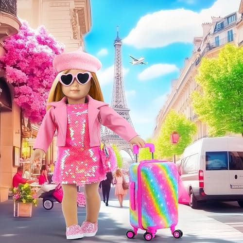 American 18 Inch Doll Clothes Accessories-18 inch Doll Suitcase-Glasses,Beret,Shoes,Handbag,Camera, Passport,Mobile Phone Travel Set Toys for 3-12 Girls thumbnail 7