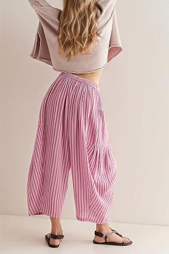 MISSACTIVER Women Summer Striped Harem Pants Flowy Baggy Casual Wide Leg Trousers Drawstring Boho Palazzo Pants with Pockets thumbnail 3