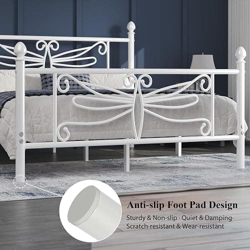 E-Ser Queen Size Bed Frame, Metal Platform Bed Frame with Dragonfly Pattern Headboard and Footboard, Strong Metal Slats Support, No Box Spring Needed, Easy Assembly, Noise-Free, White thumbnail 5